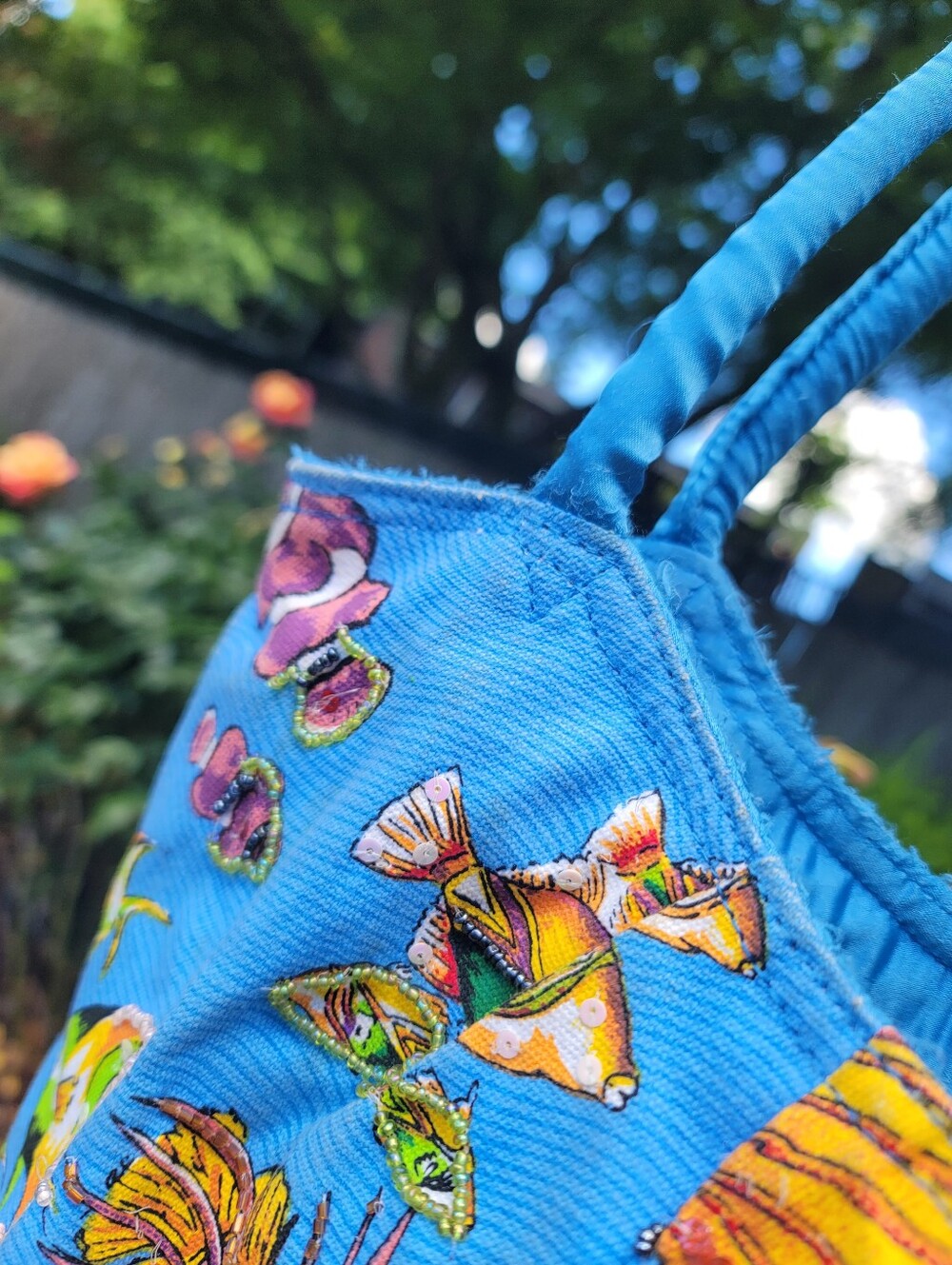 Vintage 90s Ann Ormsby Quasby Beach Elements Tropical Fish Beaded Tote Bag Y2K - Picture 16 of 17
